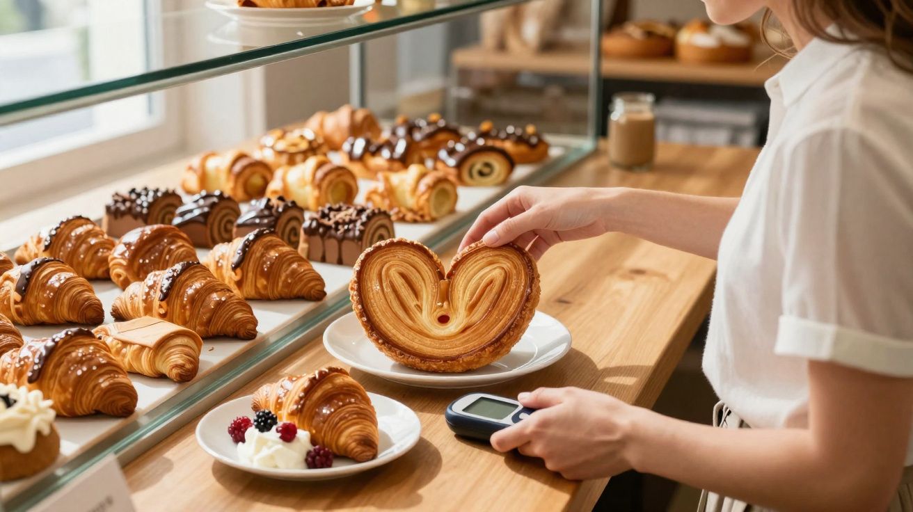 Mulher escolhendo doce em forma de coração em confeitaria com variedade de croissants expostos.