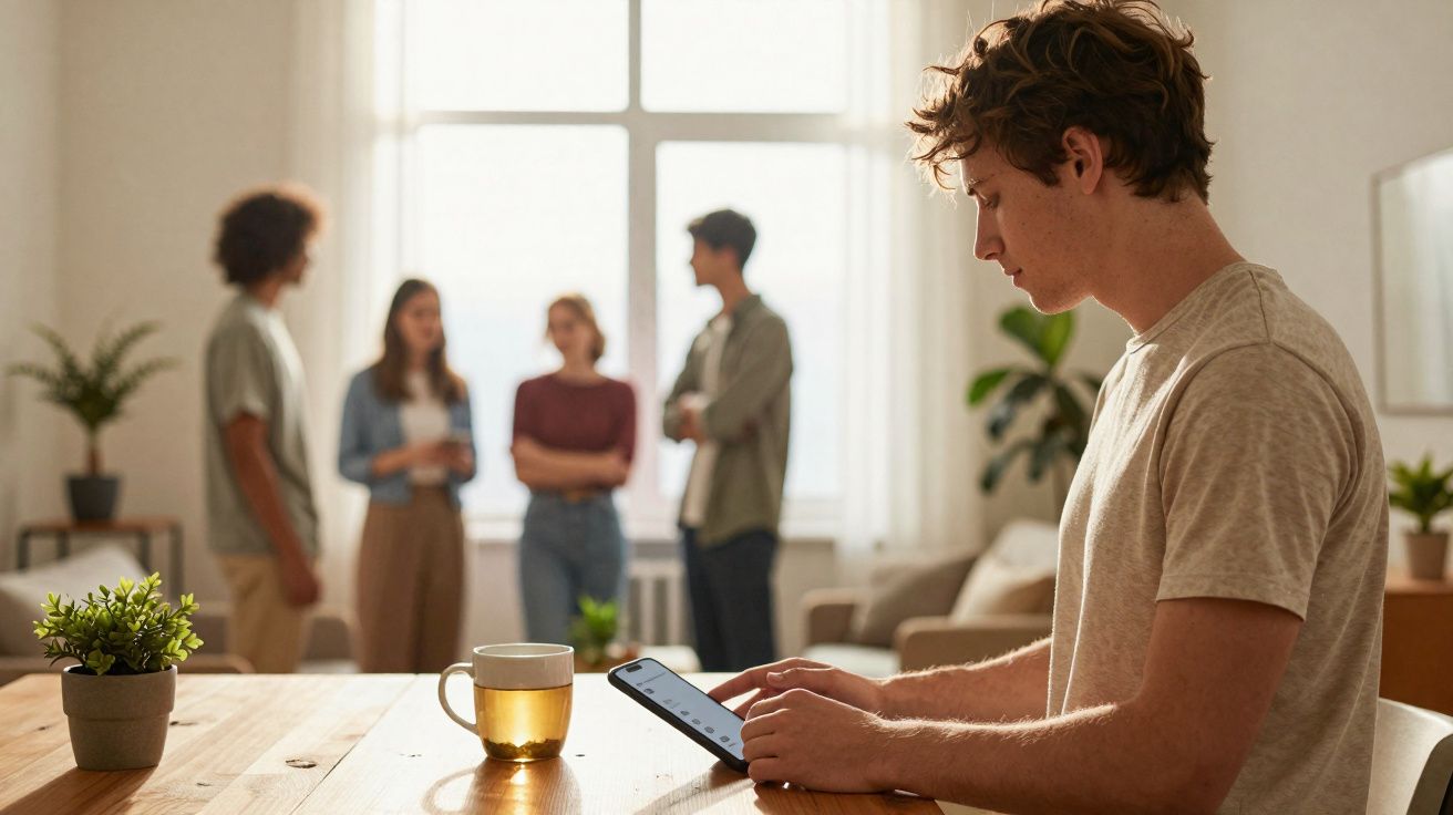 Jovem sentado usando tablet enquanto quatro pessoas conversam ao fundo em sala iluminada.