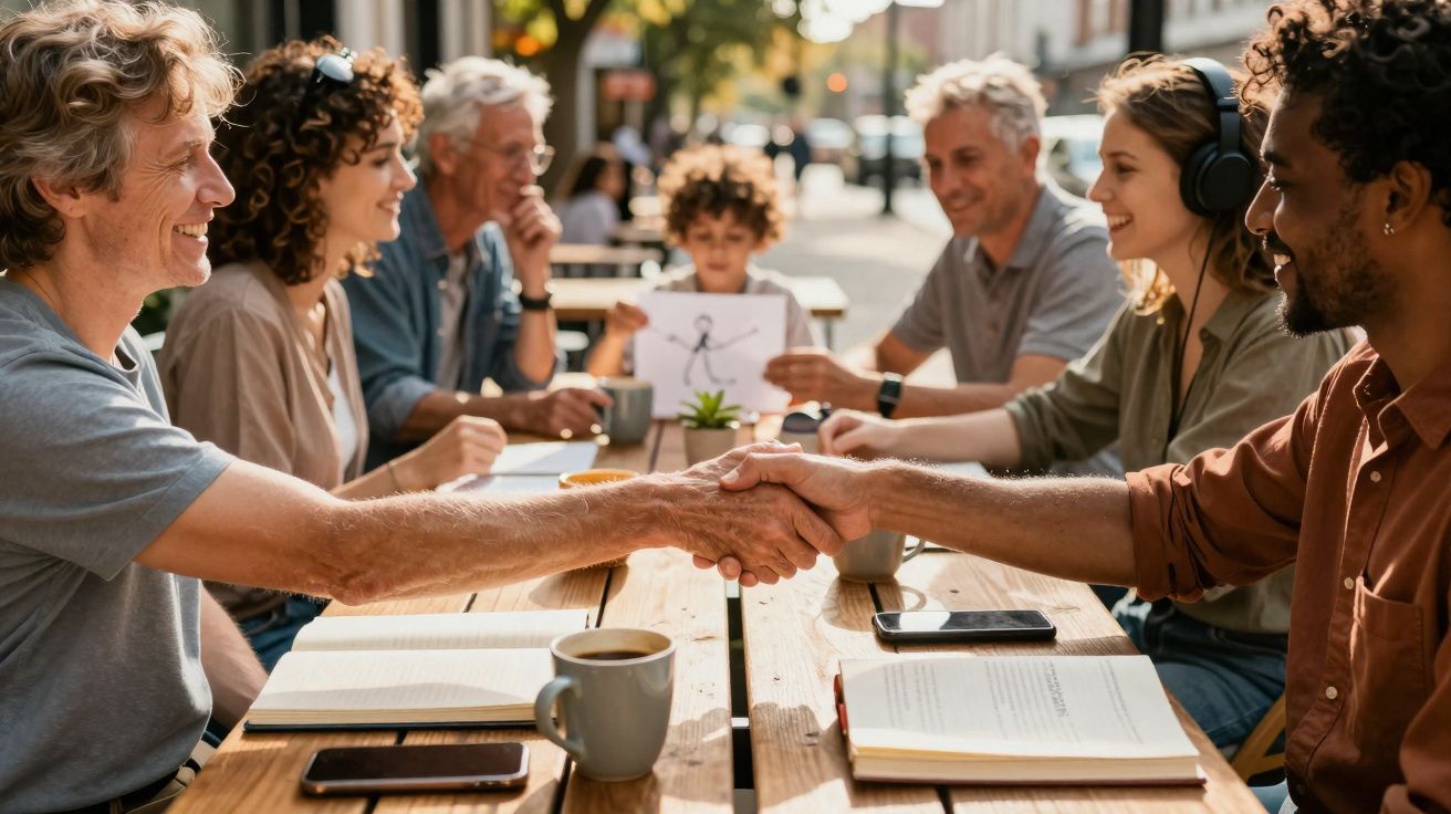 Grupo diverso de pessoas sorrindo em reunião ao ar livre, com duas pessoas apertando as mãos.