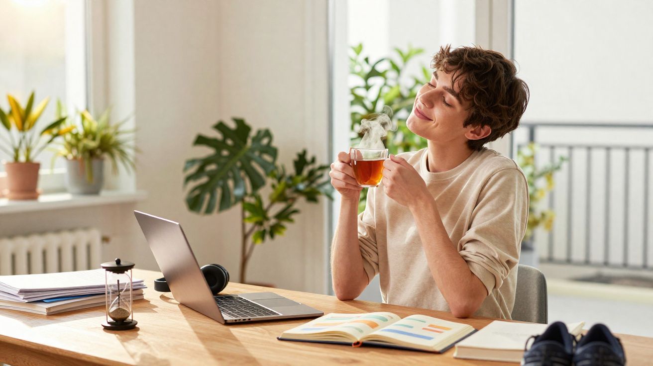 Pessoa tomando chá quente enquanto trabalha com notebook e livro aberto em mesa iluminada pela luz natural.
