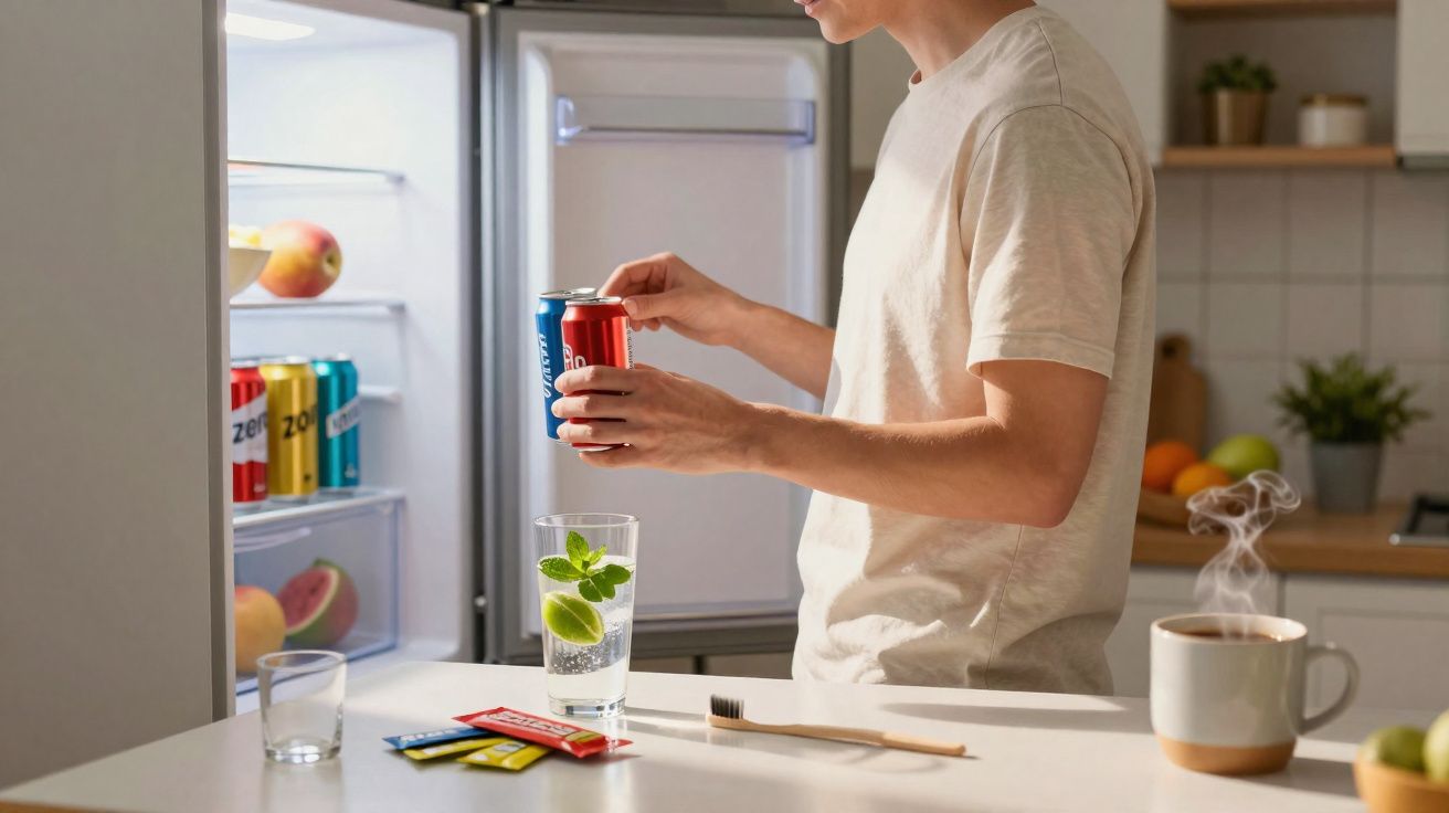 Pessoa segurando latas de refrigerante perto de geladeira aberta em cozinha moderna.