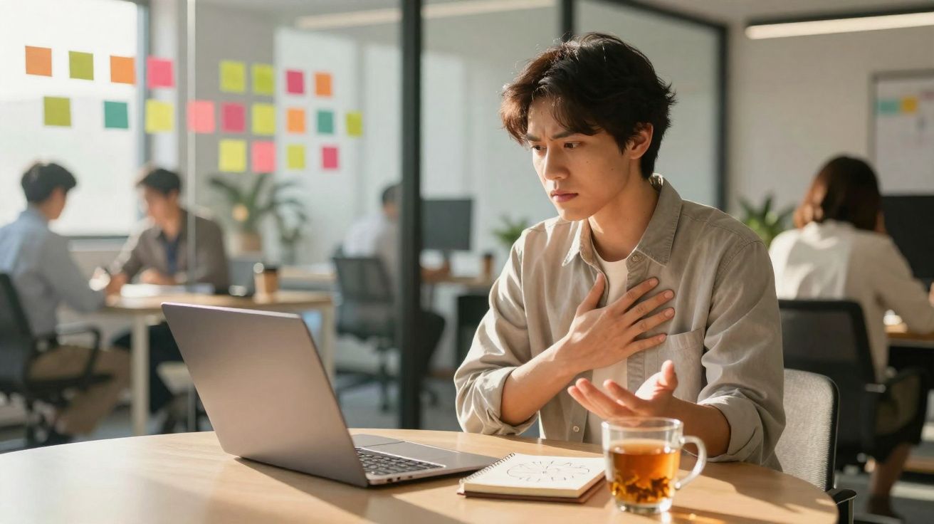 Homem jovem sentado em mesa de escritório com laptop, chá e caderno, gesticulando com a mão no peito.