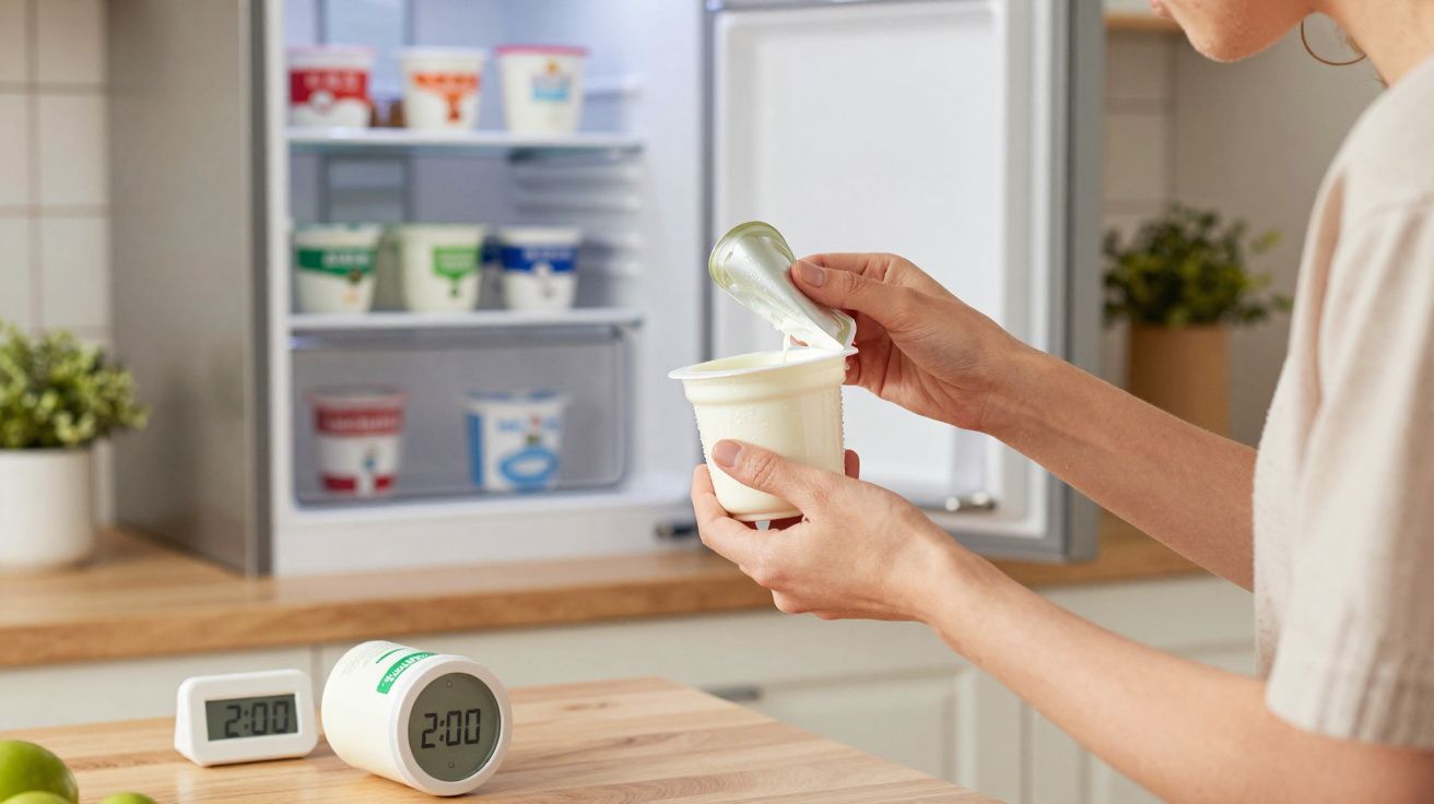 Pessoa abrindo pote de iogurte na cozinha com geladeira ao fundo e relógios marcando 2:00.