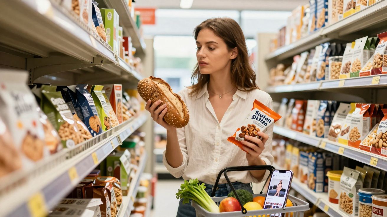 Mulher em supermercado segurando pão e pacote de alimentos, com cesta cheia de frutas e vegetais.