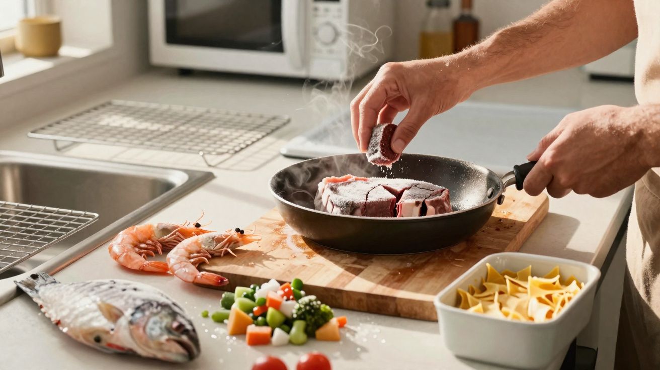 Pessoa temperando bife em frigideira com frutos do mar e legumes frescos na bancada da cozinha.