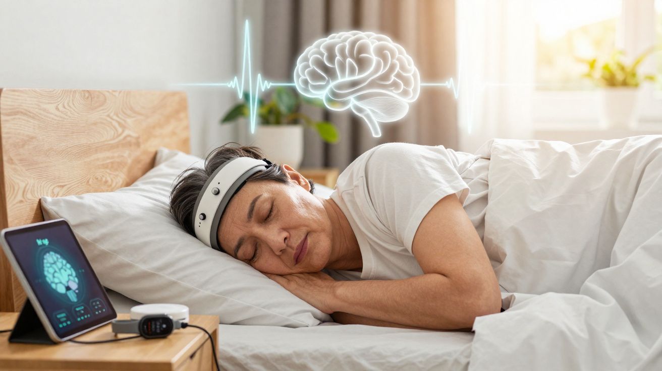 Mulher dormindo com faixa na cabeça para monitorar atividade cerebral e tablet ao lado na cama.