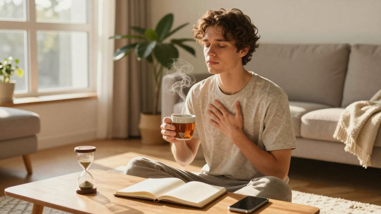 Jovem sentado no chão sentindo o aroma de chá quente em sala iluminada com livro aberto na mesa.