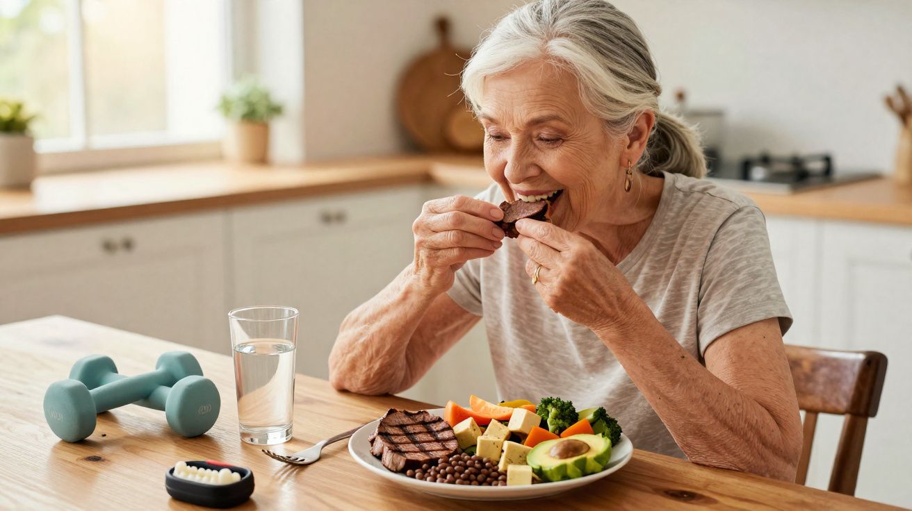 Idosa sorridente comendo carne e salada em prato na cozinha, com halteres e copo d’água na mesa.
