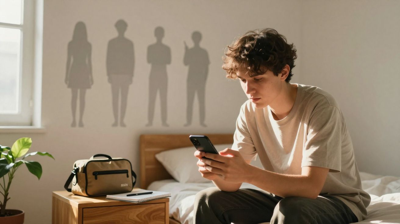 Jovem sentado na cama olhando para o celular, sombras de quatro pessoas na parede ao fundo.