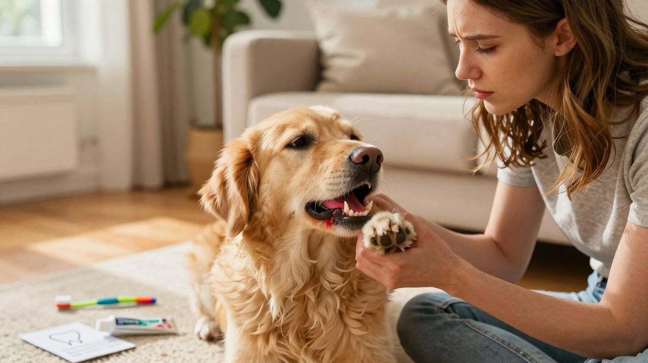 Mulher examinando a pata de um cachorro golden retriever dentro de casa, em um ambiente aconchegante.