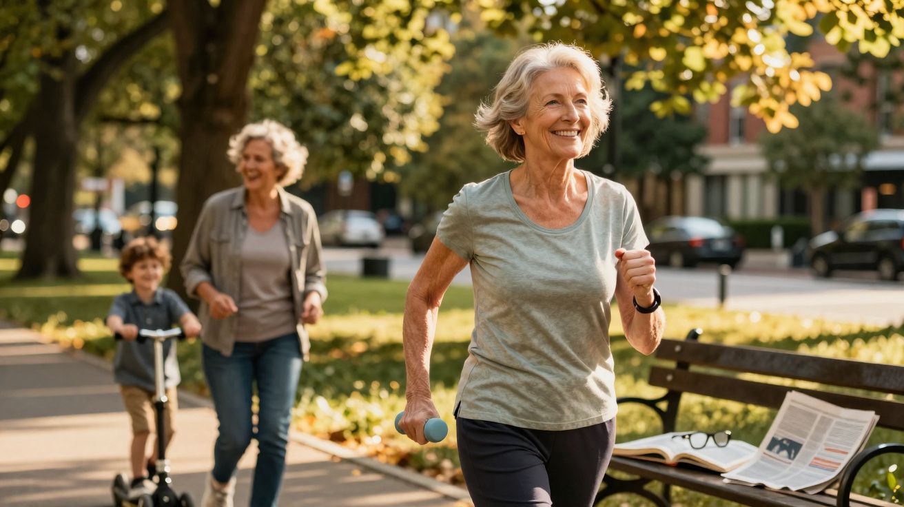 Mulher adulta idosa correndo com pesos leves em parque, com criança no patinete e mulher ao fundo.