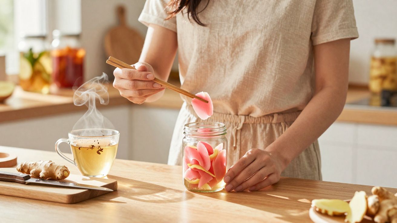 Pessoa usando hashi para colocar fatias de raiz de gengibre em pote de vidro, com xícara de chá fumegante ao lado em cozinha 