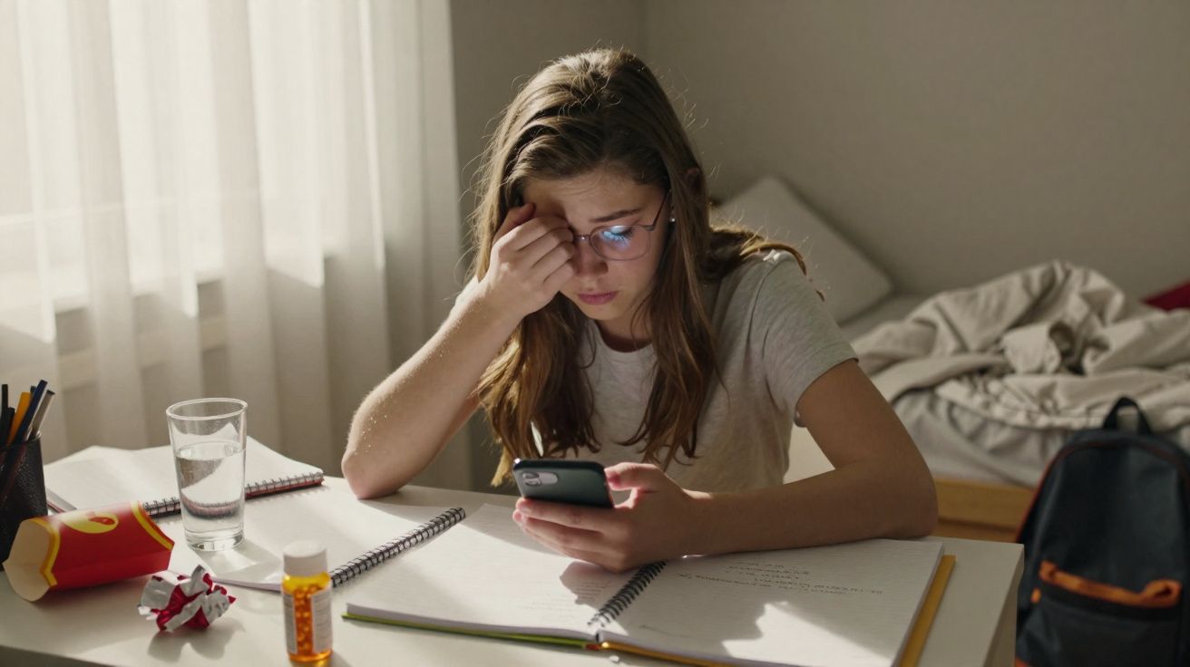 Jovem estudante de óculos sentada à mesa, cansada, olhando para o celular com material de estudo ao redor.