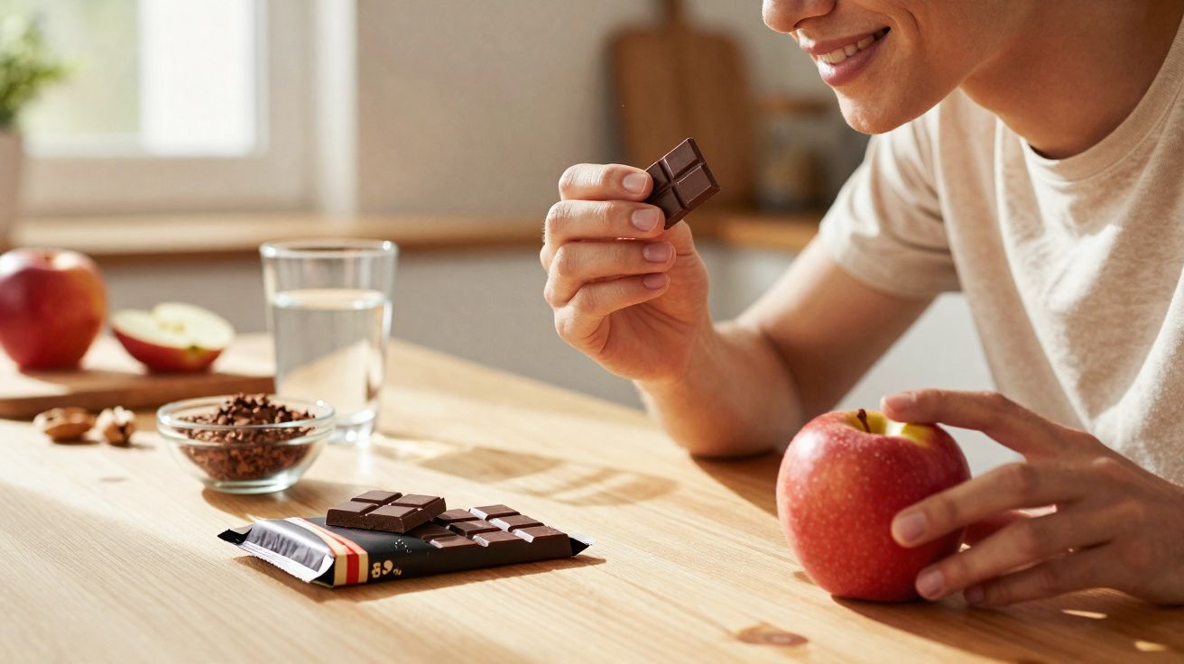 Pessoa sorrindo segurando pedaço de chocolate e maçã sobre mesa de madeira com alimentos ao fundo.