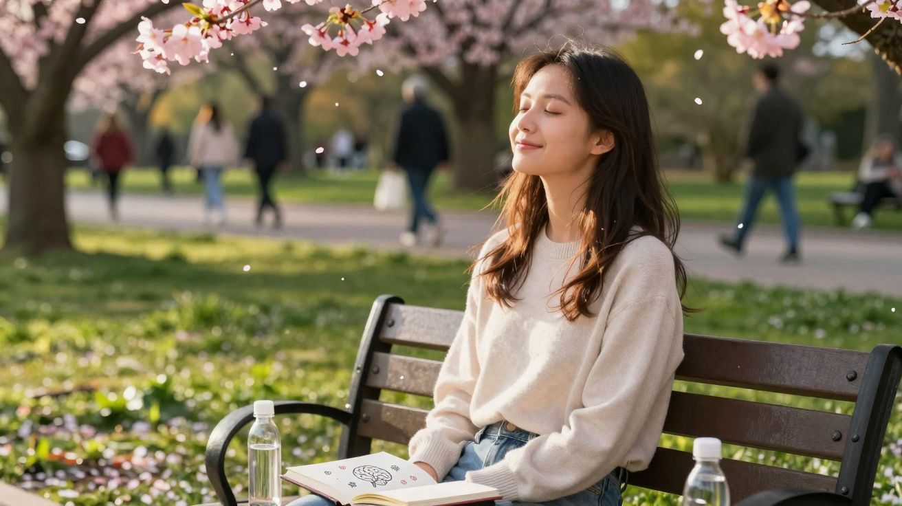 Mulher sentada em banco de parque sob árvore florida, olhos fechados, apreciando o sol com um livro aberto no colo.
