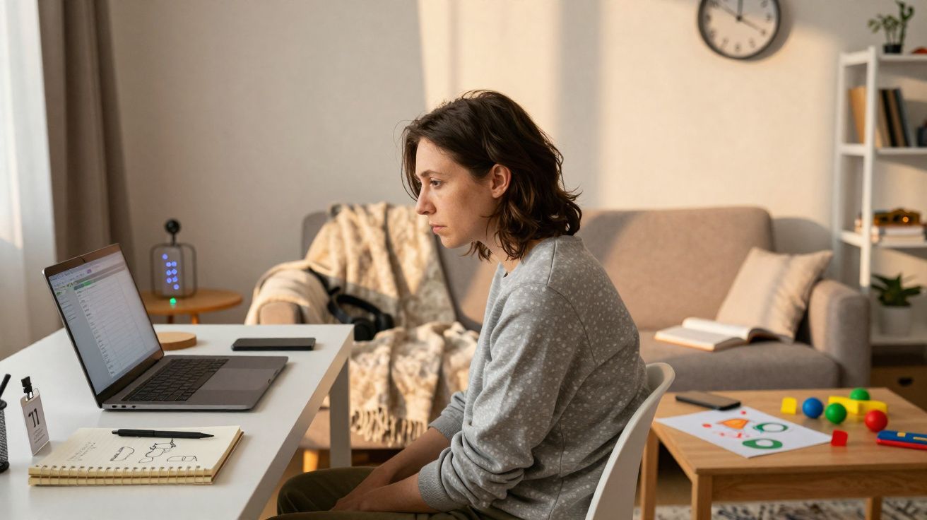 Mulher sentada em mesa de trabalho em casa, olhando concentrada para tela de notebook.