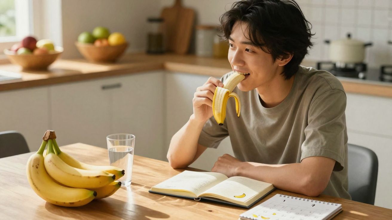 Homem jovem com camiseta cinza comendo banana em cozinha, sentado à mesa com caderno e copo d'água.