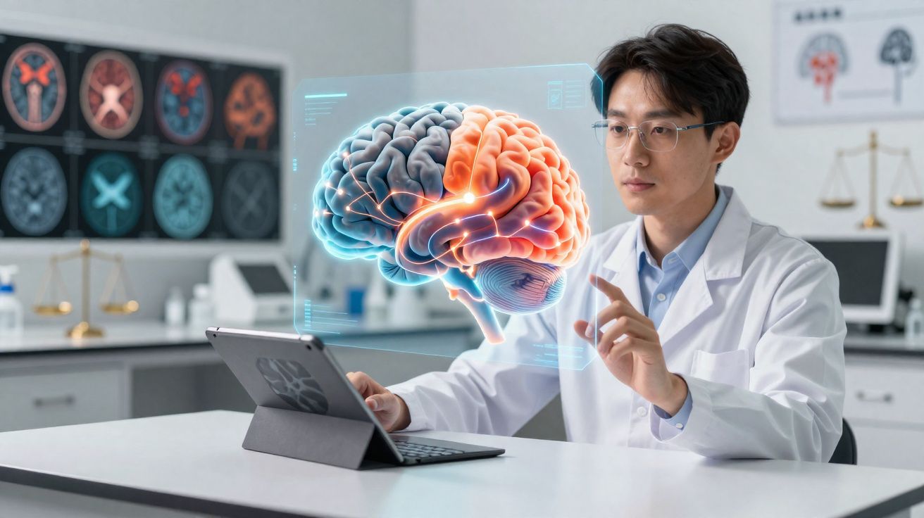 Cientista usando óculos interage com holograma 3D colorido do cérebro em laboratório moderno.