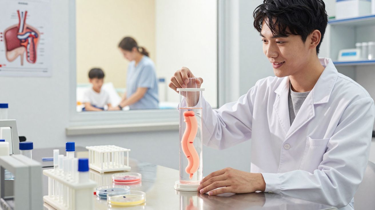 Pesquisador em jaleco manipula modelo de intestino em laboratório com tubos de ensaio e placas de Petri.