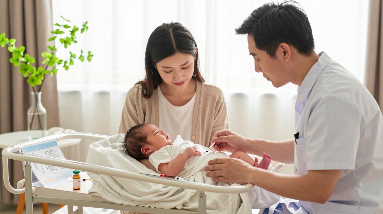 Médico examinando recém-nascido no berçário enquanto mãe observa com cuidado e sorriso suave.