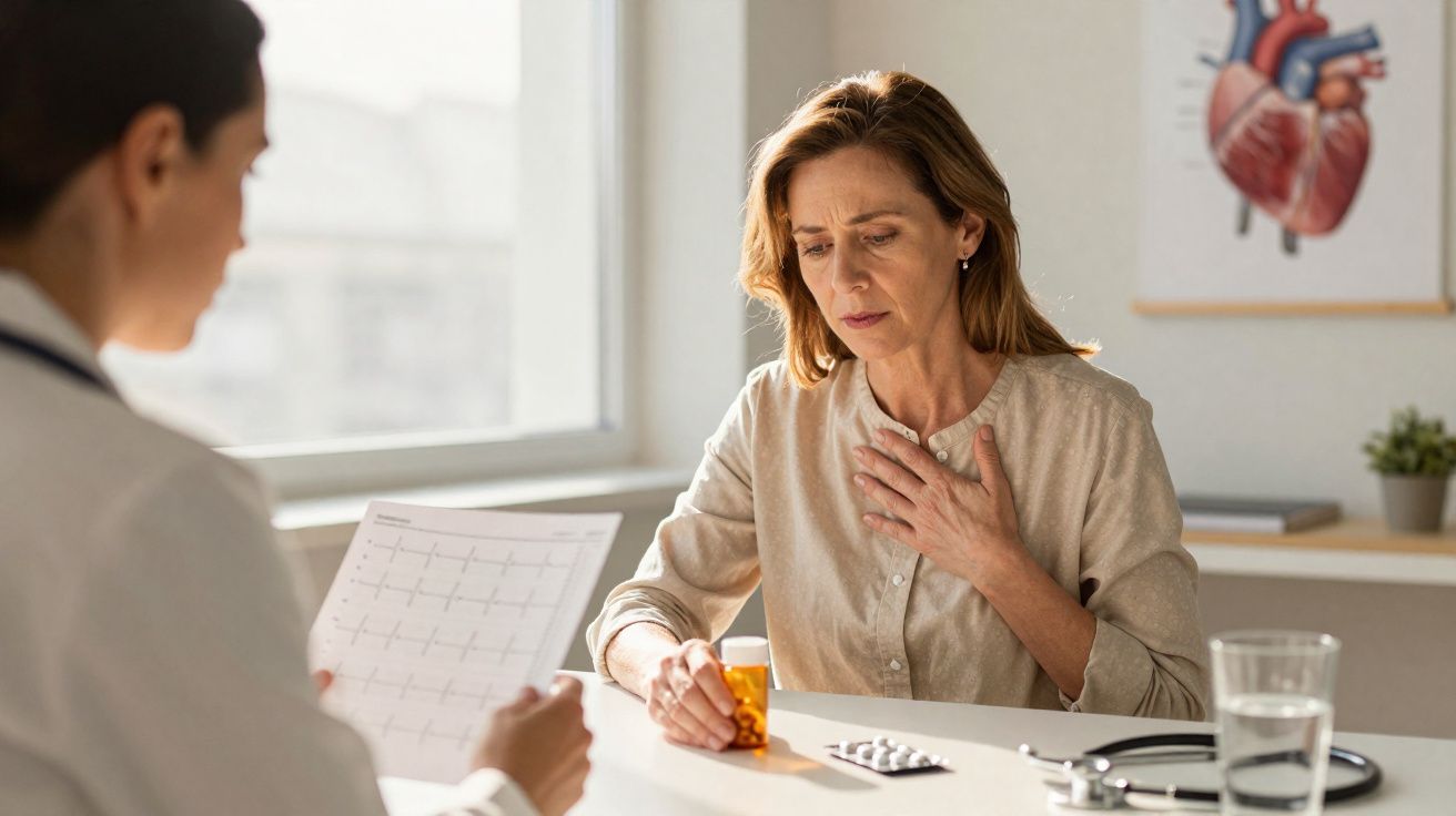 Mulher segurando o peito em consulta médica com médico que segura um exame cardíaco.