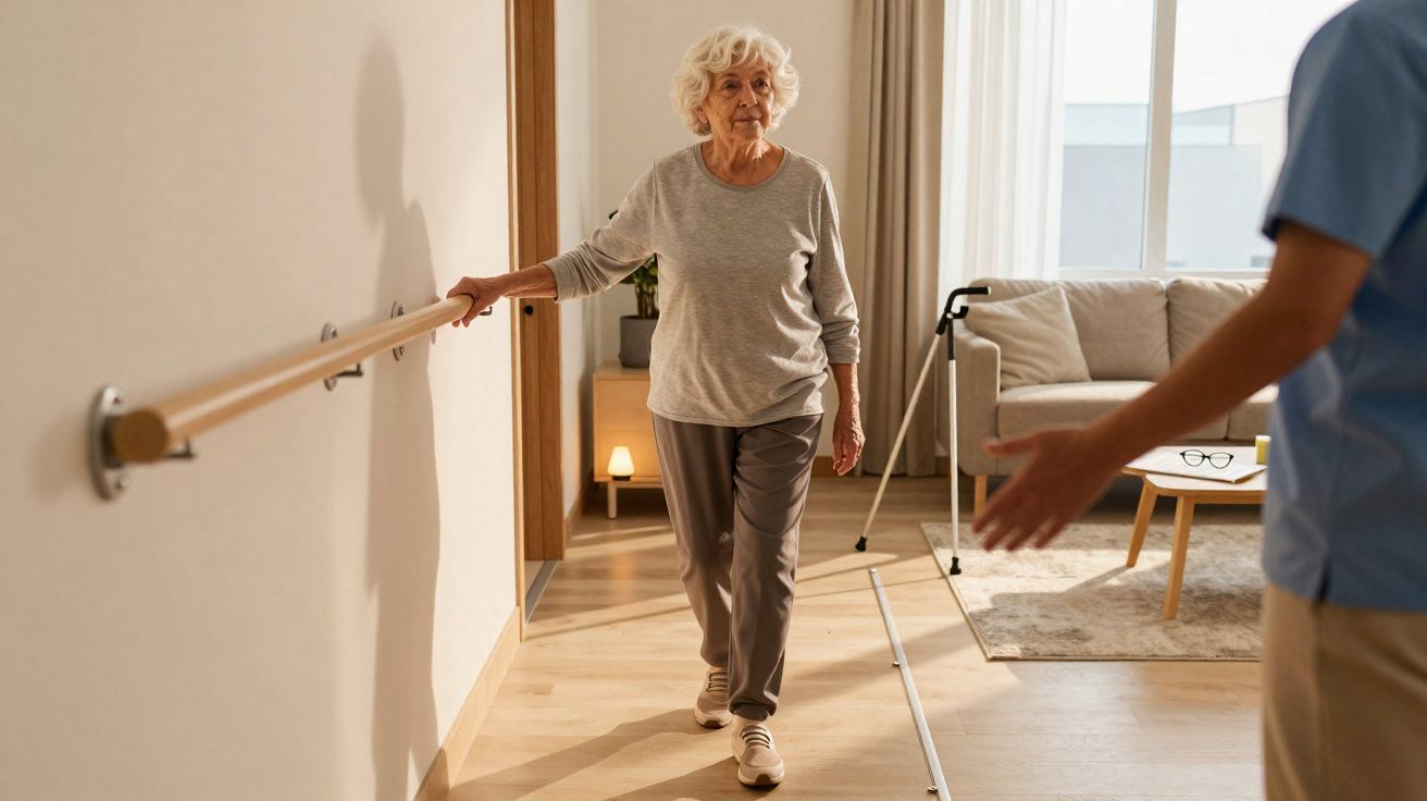 Idosa fazendo exercícios de equilíbrio com apoio de barra na parede, assistida por cuidador.