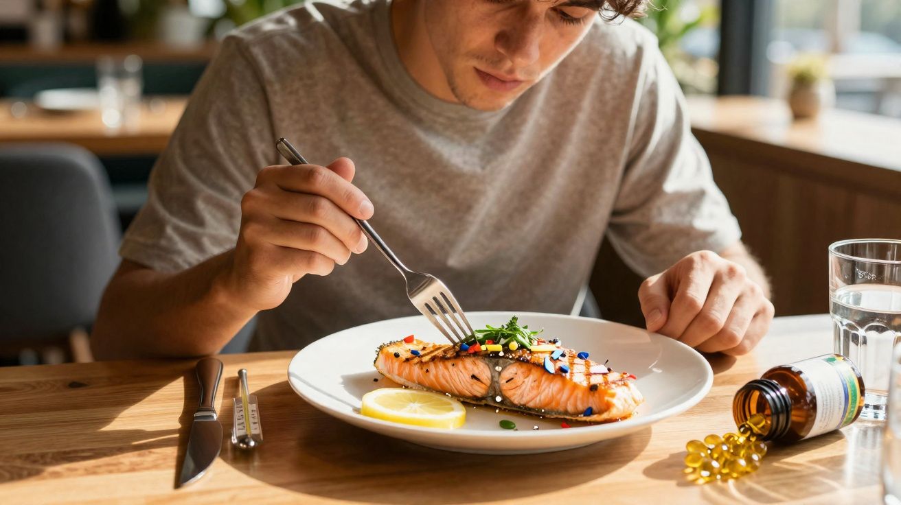 Homem sentado à mesa comendo salmão grelhado, limão e cápsulas de suplementos ao lado.