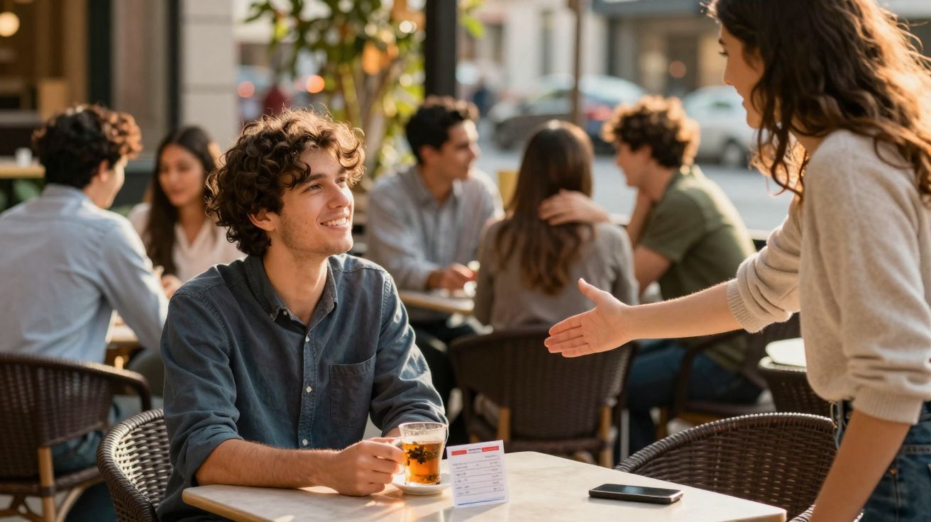 Homem sentado em café ao ar livre recebendo cumprimento de mulher sorridente.