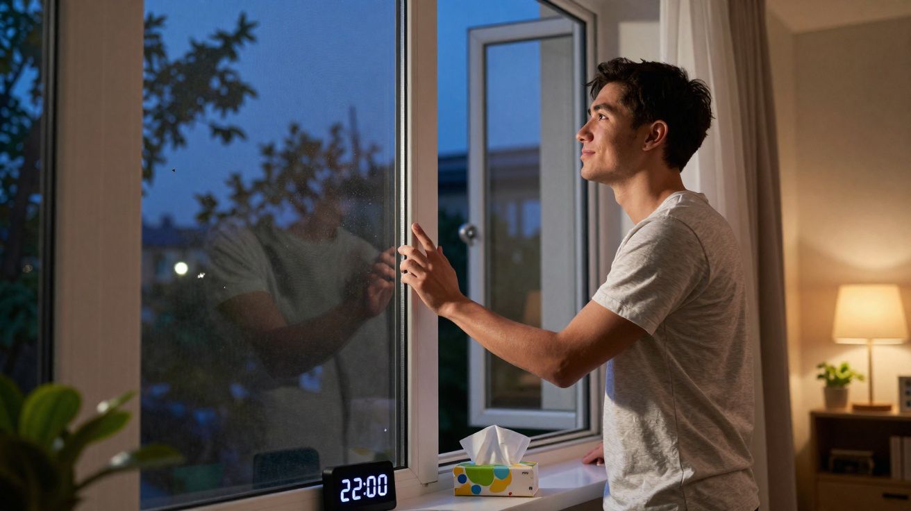 Jovem abre janela à noite em quarto com luminária acesa e relógio digital marcando 22:00.