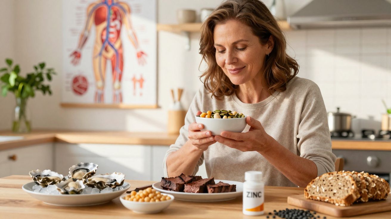Mulher segura tigela com sementes, rodeada de alimentos ricos em zinco em cozinha iluminada.