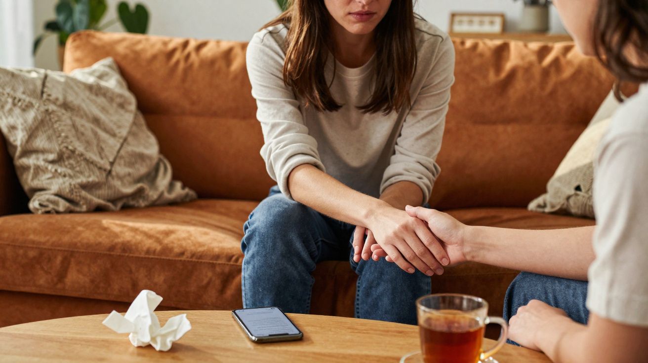 Duas mulheres sentadas, uma consolando a outra que parece triste em uma sala com sofá e mesa de madeira.
