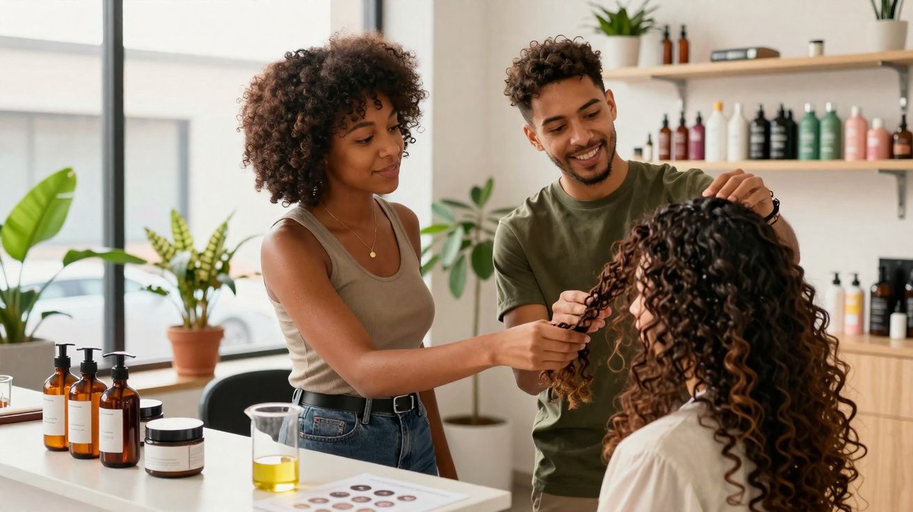 Dois profissionais analisam o cabelo cacheado de uma cliente em salão com produtos de beleza ao redor.