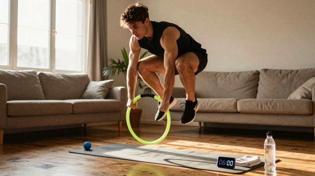Homem pulando usando um anel de exercício, em sala com sofá, tapete, toalha, relógio e garrafa d'água.