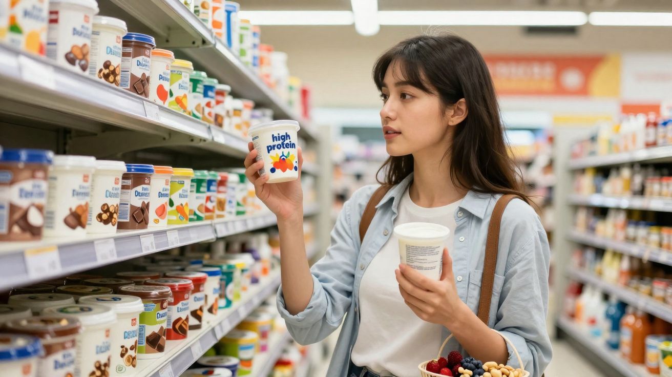 Mulher jovem segurando potes de iogurte em corredor de supermercado, avaliando um produto.