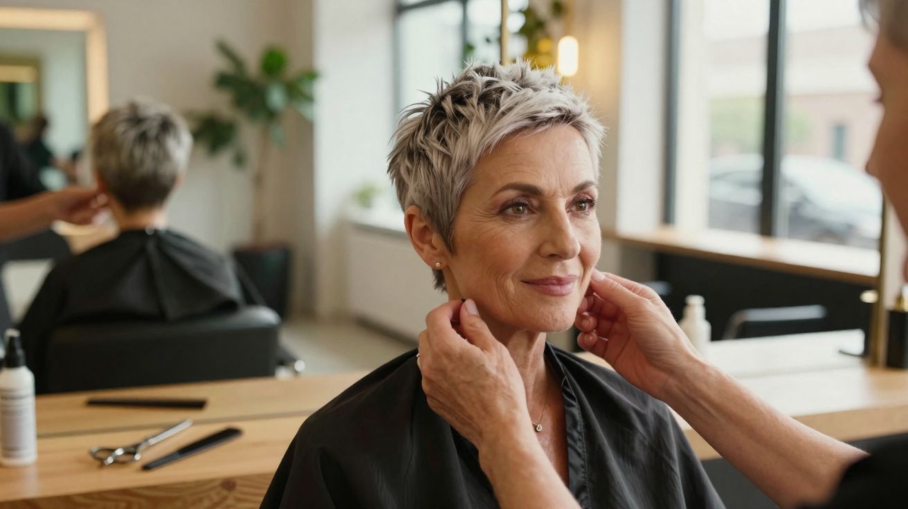 Mulher sorrindo com corte de cabelo curto, sendo ajustado por um cabeleireiro em salão moderno.