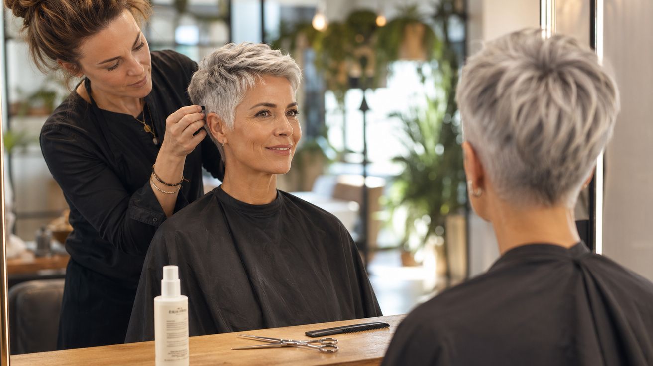 Mulher com cabelo curto grisalho sorrindo enquanto cabeleireira finaliza seu corte em salão moderno.
