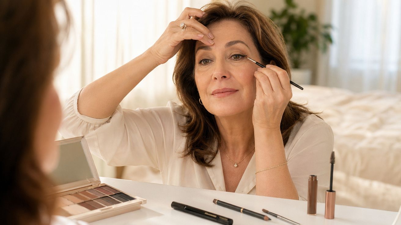 Mulher madura aplicando delineador de olhos diante de espelho em ambiente claro e acolhedor.