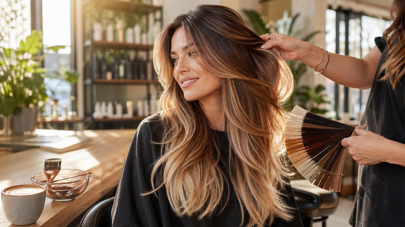 Mulher sorridente recebendo tratamento de coloração de cabelo em salão moderno com luz natural.