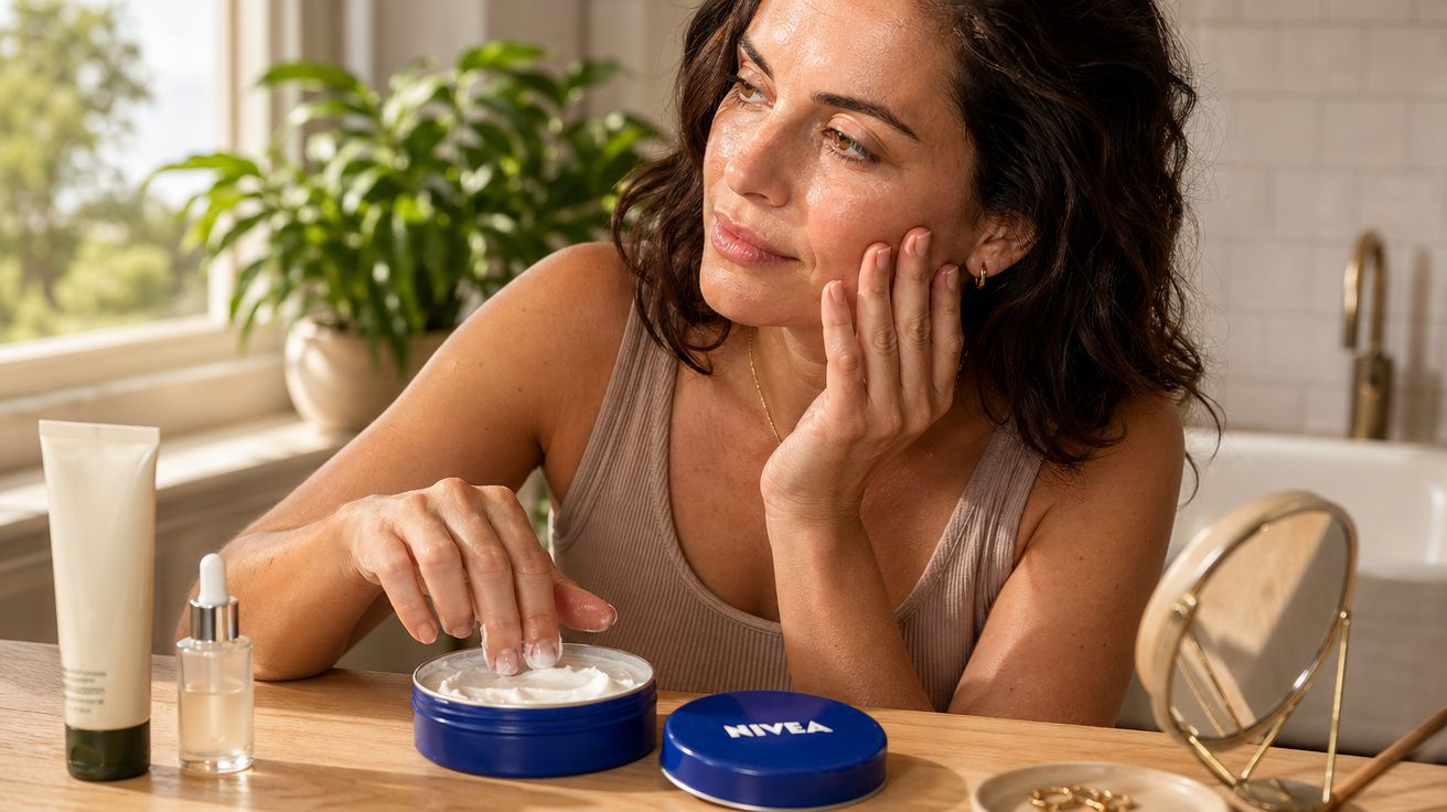 Mulher aplicando creme facial da Nivea em ambiente iluminado com espelho e plantas ao fundo.