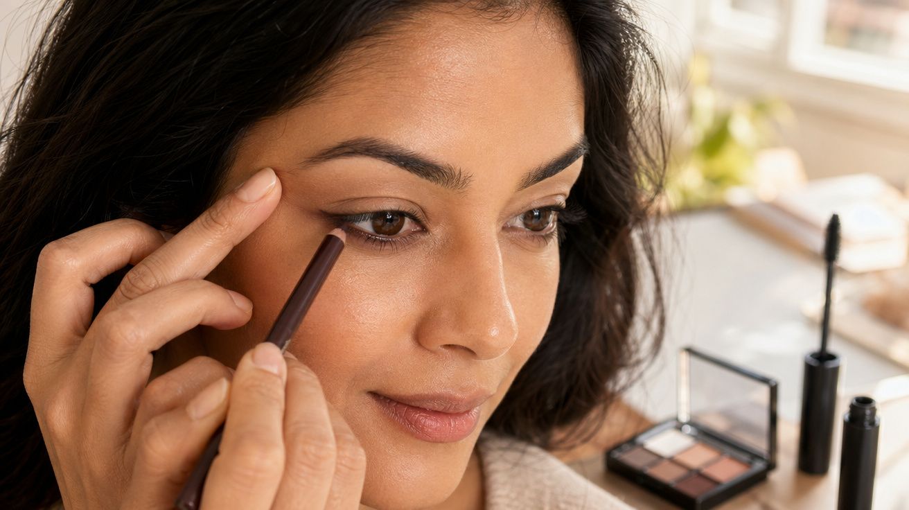 Mulher aplicando lápis de olho marrom com maquiagem natural em ambiente iluminado.