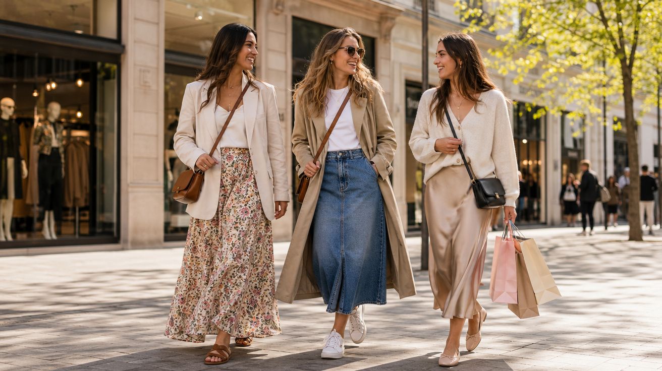 Três mulheres caminhando sorrindo em rua de compras, vestindo saias longas e casacos leves.