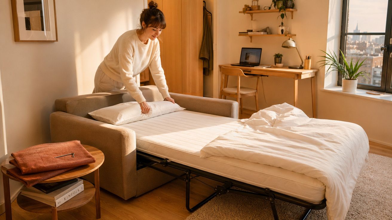 Mulher arrumando cama de sofá-cama em quarto com decoração acolhedora e janela ampla ao fundo.