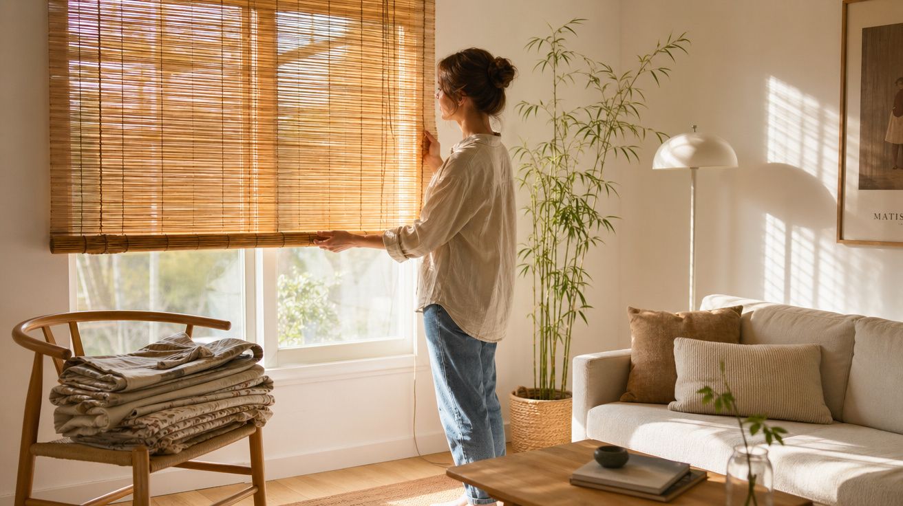 Mulher abre persiana de bambu em sala iluminada com sofá branco, plantas e cadeira de madeira.