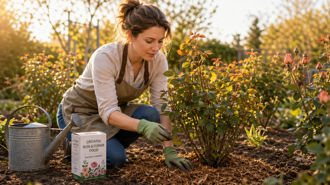 Mulher jardinando rosas ao entardecer, usando luvas e regador ao lado, aplicando adubo orgânico.