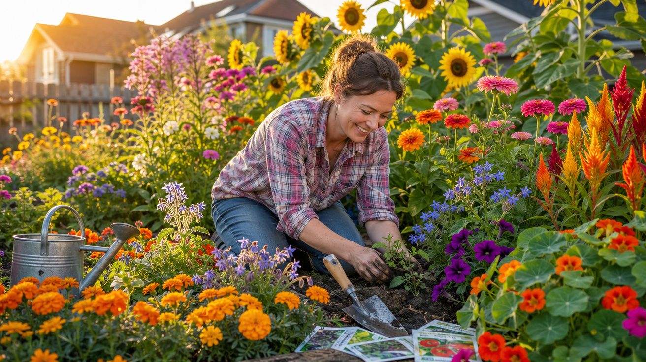 Mulher sorrindo plantando flores coloridas em jardim ensolarado com regador e casas ao fundo.
