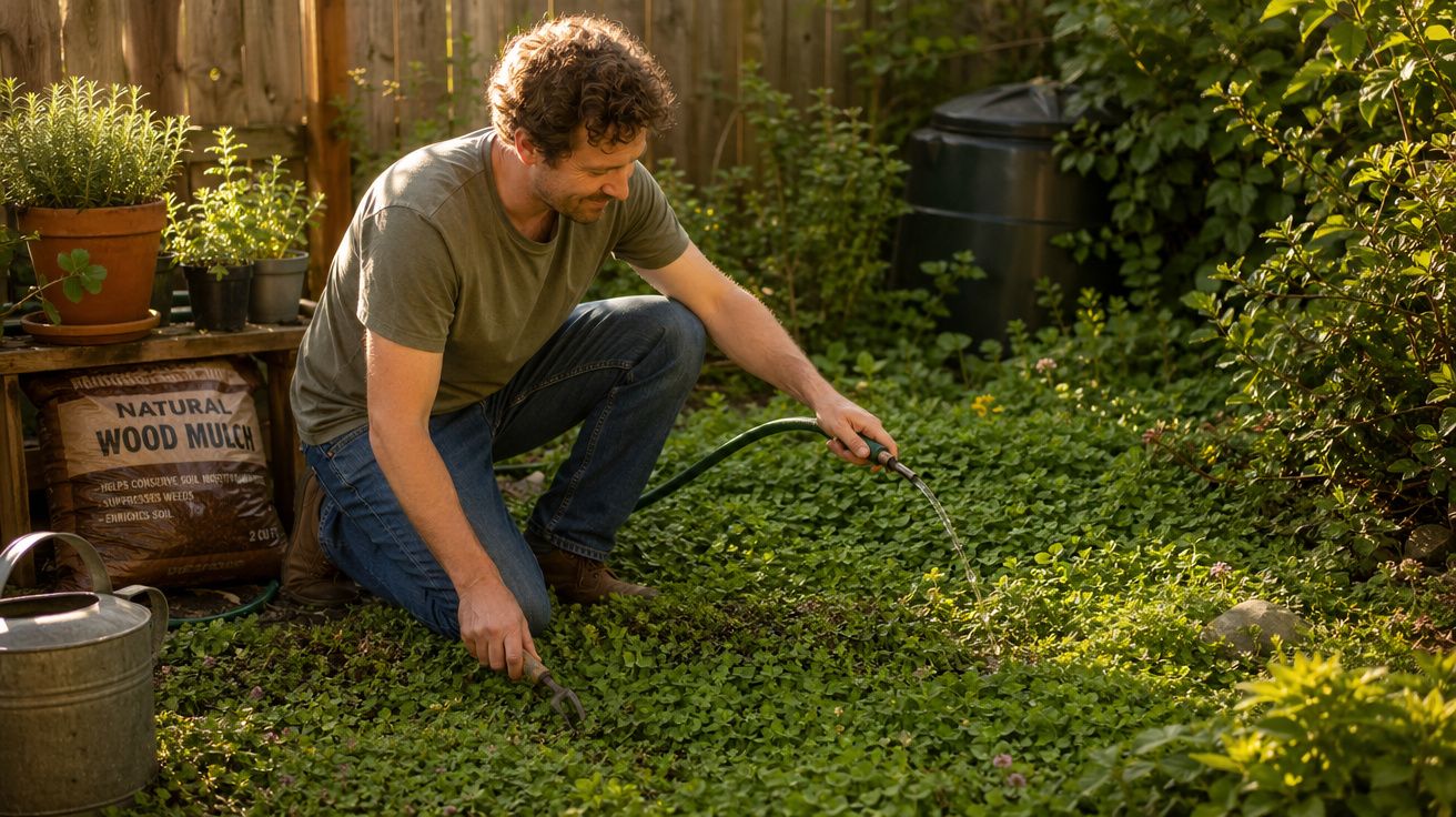 Homem agachado regando plantas em jardim com mangueira em dia ensolarado.