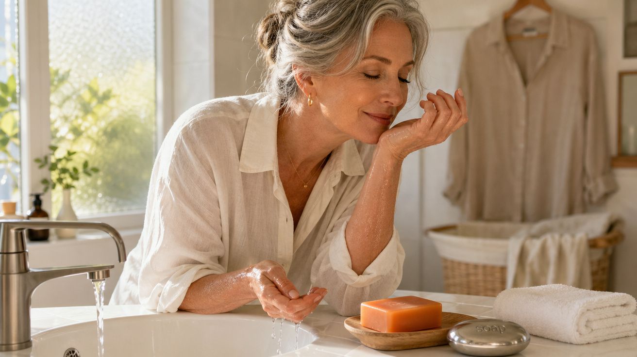 Mulher madura lavando o rosto com água em banheiro claro e ensolarado.
