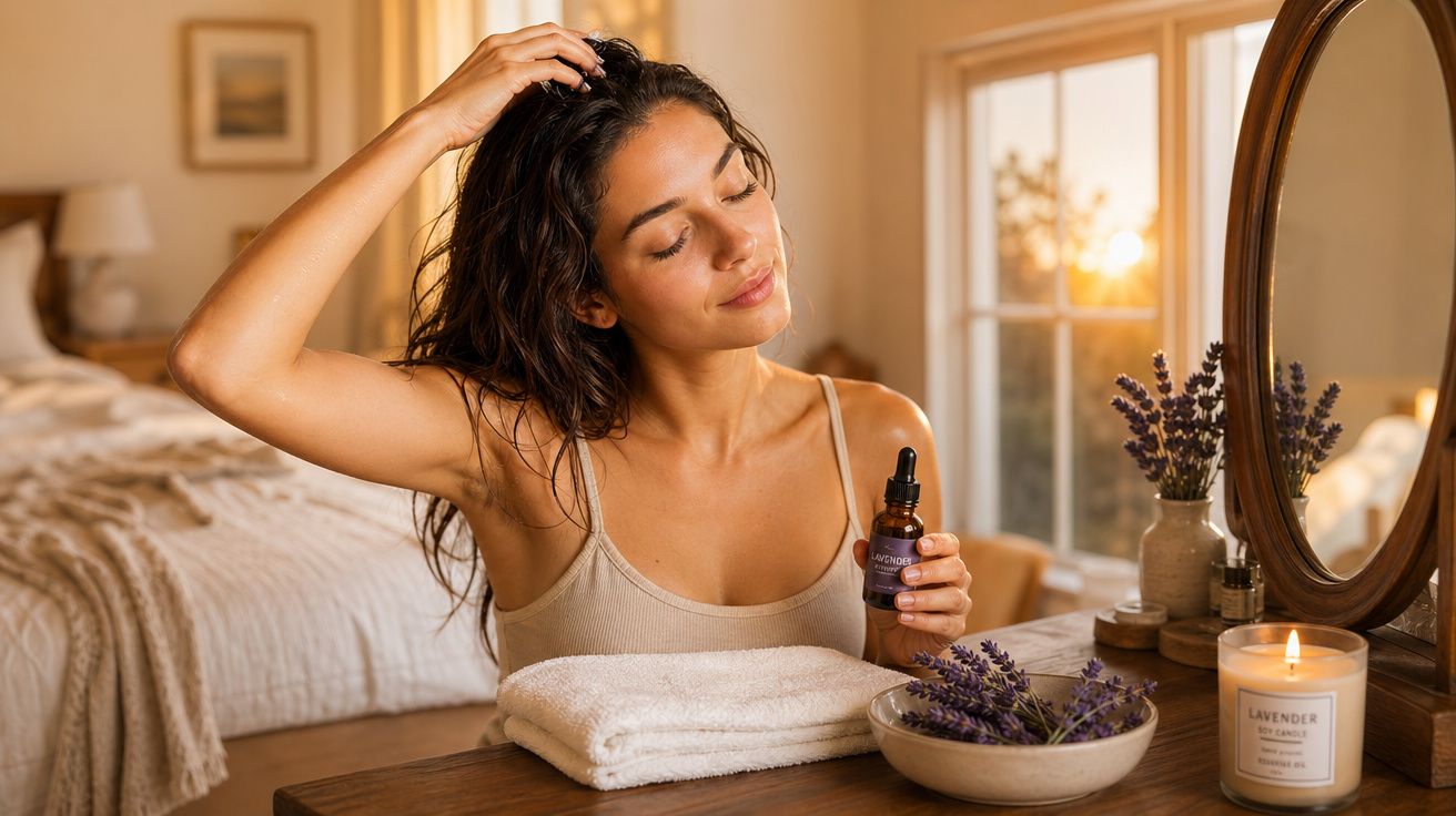 Mulher aplicando óleo de lavanda no couro cabeludo em ambiente acolhedor com vela e flores, ao entardecer.