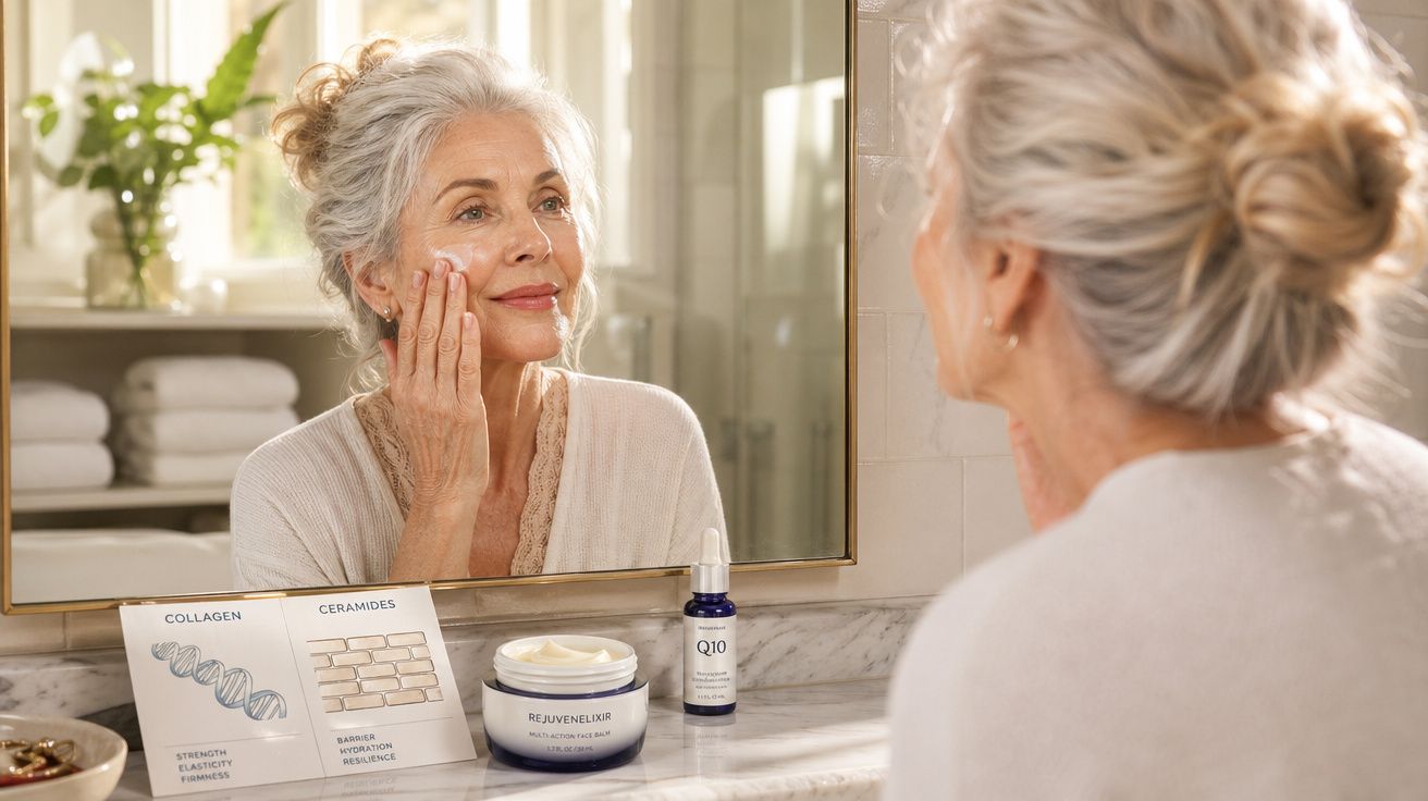 Mulher madura aplicando creme facial em frente ao espelho, com produtos de cuidados com a pele ao lado.