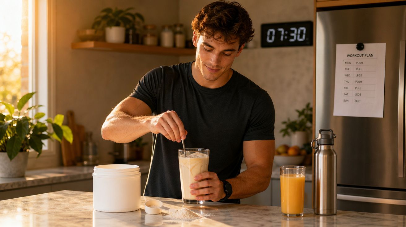 Homem mistura suplemento proteico em batida na cozinha ao amanhecer, com relógio marcando 7h30.